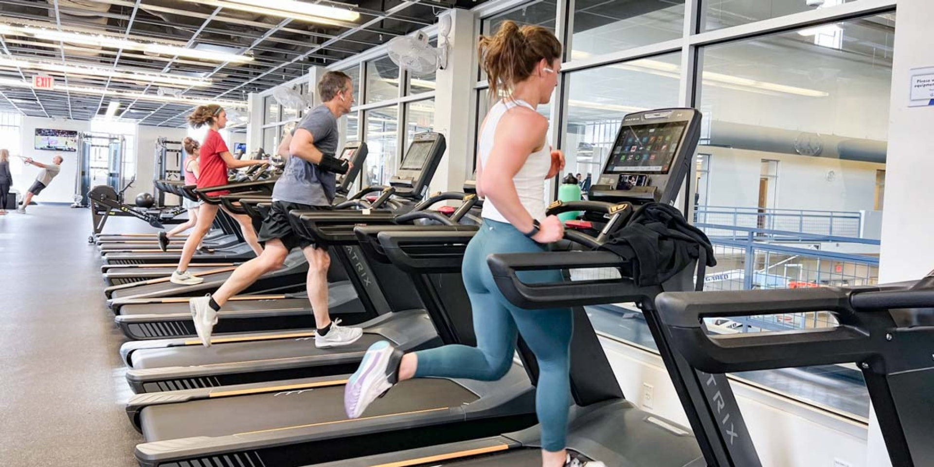 Members running on treadmills in the Leon Mezrah Fitness Center