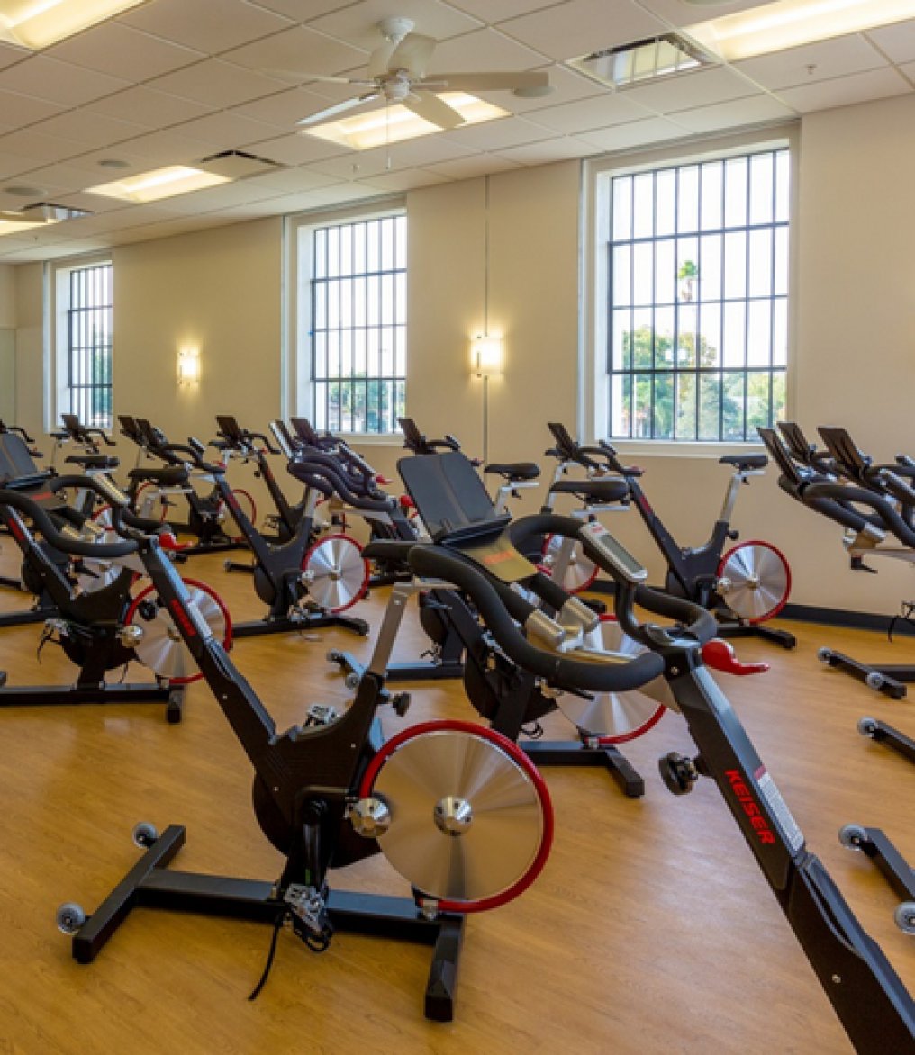 Indoor cycling studio with Keiser spin bikes at the Glazer JCC