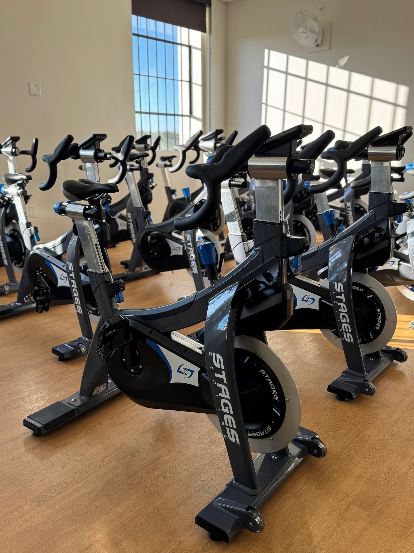 Indoor cycling studio with Stages spin bikes at the Glazer JCC